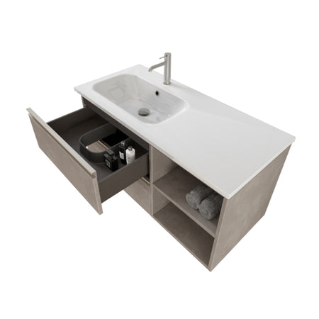 Mobile bagno sospeso 100cm con ripiano a destra e specchio cemento grigio caldo DUBON