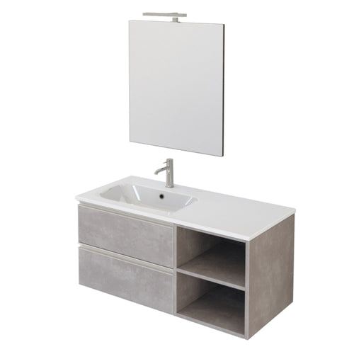 Mobile bagno sospeso 100cm con ripiano a destra e specchio cemento grigio caldo DUBON
