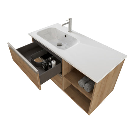 Mobile bagno sospeso 100cm con ripiano a destra e specchio rovere farnia DUBON