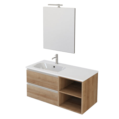 Mobile bagno sospeso 100cm con ripiano a destra e specchio rovere farnia DUBON
