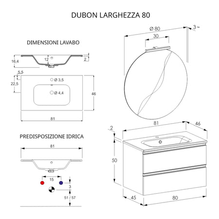 Mobile bagno sospeso 80cm con specchio cemento grigio caldo DUBON