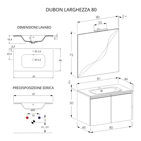 Mobile bagno sospeso 80cm con due ante e specchio bianco opaco DUBON