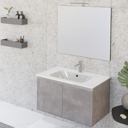Mobile bagno sospeso 80cm con due ante e specchio cemento grigio caldo DUBON