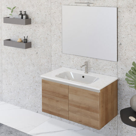Mobile bagno sospeso 80cm con due ante e specchio rovere farnia DUBON
