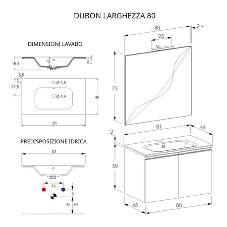 Mobile bagno sospeso 80cm con due ante e specchio rovere farnia DUBON