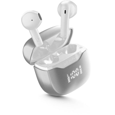 auricolare vivavoce bluetooth doppio con base di ricarica bianco e indicatore led