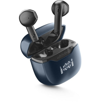 auricolare vivavoce bluetooth doppio con base di ricarica nero e indicatore led