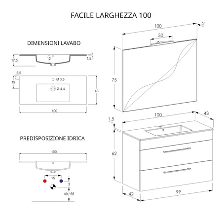 Mobile bagno sospeso 100cm con specchio cemento legno FACILE