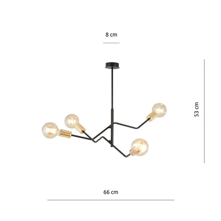 Sospensione Industrial 4 Luci Bolt In Acciaio Nero E Oro Bracci Regolabili