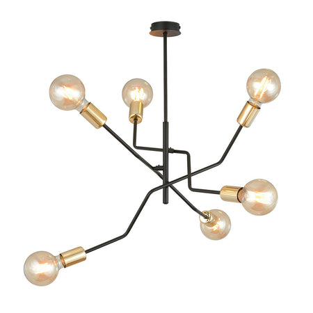 Sospensione Industrial 6 Luci Bolt In Acciaio Nero E Oro Bracci Regolabili