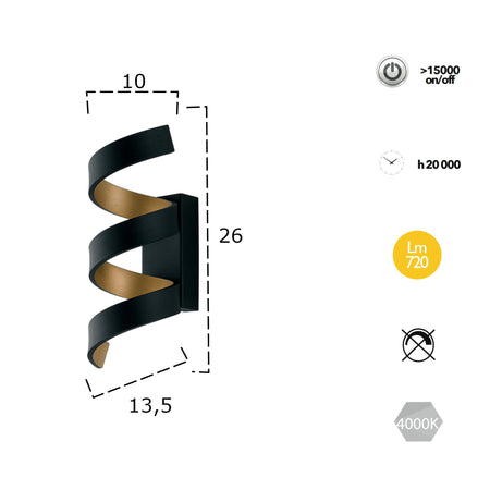 Applique da parete per interno 9W a led nero SPIRAL