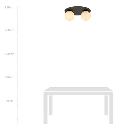 Plafoniera Minimal 2 Luci Solar In Acciaio Nero E Sfere Di Vetro Opale