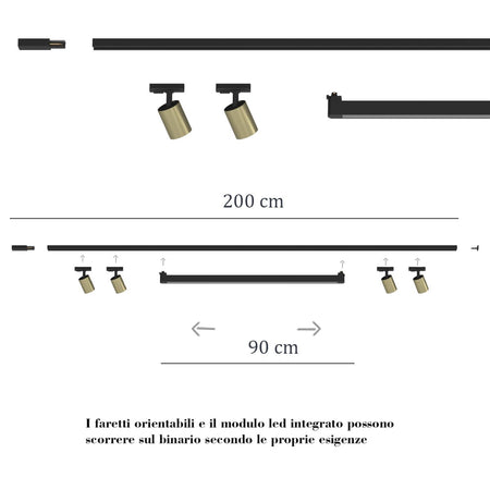 Binario Top Light MONO MIXKIT 200 N OR ORO GU10 LED MODULO INTEGRATO 4000K faretti yari orientabili moderno classico