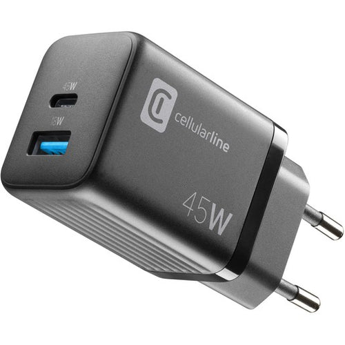 caricabatteria 45w  usbA +  usb-c tecnologia gan nero
