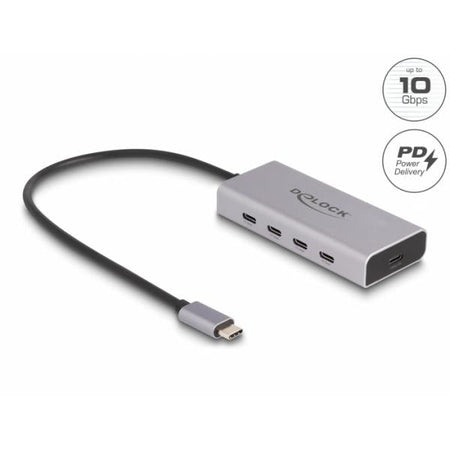 DeLOCK Hub USB 10 Gbps USB Type-C con 4 x USB Type-C femmina + 1 x USB Type-C PD 85 Watt con cavo di collegamento da 30 cm (Delock - hub - 10 Gbps, PD 85 Watt, wi)