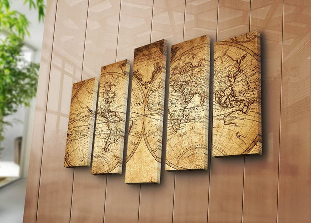 Grande Mappa del Mondo Pittura decorativa su tela 5 pezzi