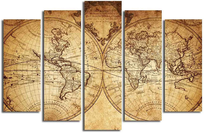 Grande Mappa del Mondo Pittura decorativa su tela 5 pezzi
