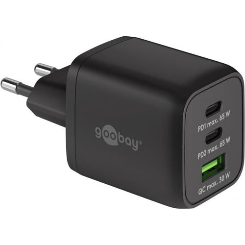 Nano Caricatore Alimentatore GaN 2xUSB-C (PD) + USB-A (QC) da Muro 65W Nero