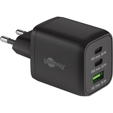 Nano Caricatore Alimentatore GaN 2xUSB-C (PD) + USB-A (QC) da Muro 65W Nero