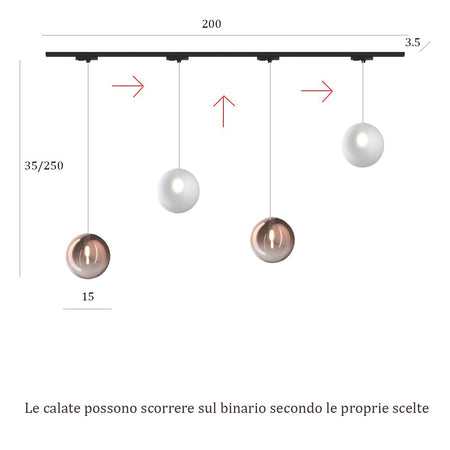 Binario Top Light MONO 200N 1184 ECLIPSE BF-RA BIANCO G9 LED lampada soffitto moderna sfera vetro bianco rame multiluce