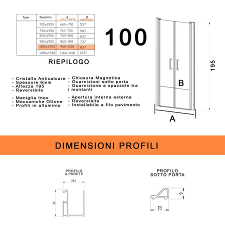 Porta doccia con due ante saloon in cristallo trasparente H195 6mm DOBLA