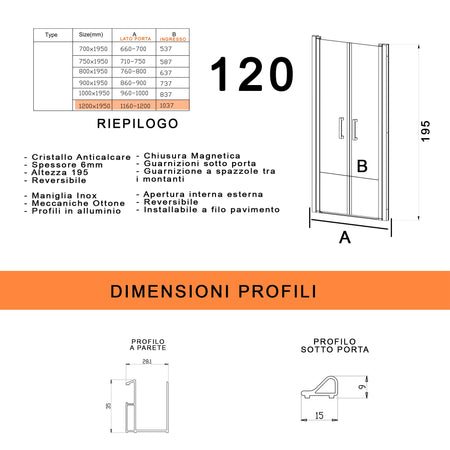 Porta doccia con due ante saloon in cristallo trasparente H195 6mm DOBLA