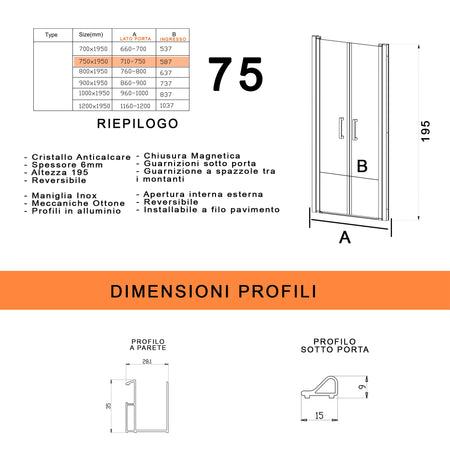 Porta doccia con due ante saloon in cristallo trasparente H195 6mm DOBLA
