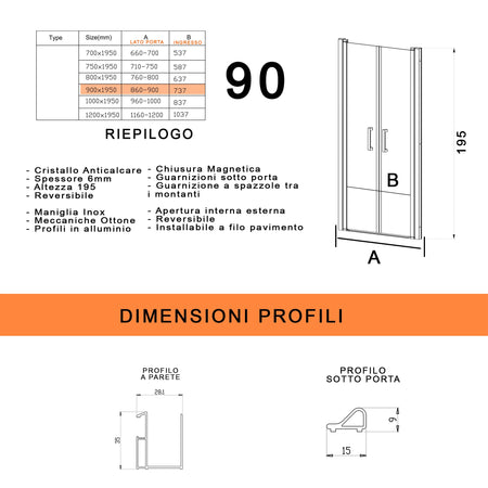 Porta doccia con due ante saloon in cristallo trasparente H195 6mm DOBLA