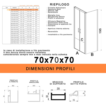 Box doccia saloon tre lati senza profili trasparente 6mm H195 DOBLA