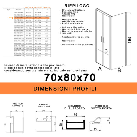 Box doccia saloon tre lati senza profili trasparente 6mm H195 DOBLA