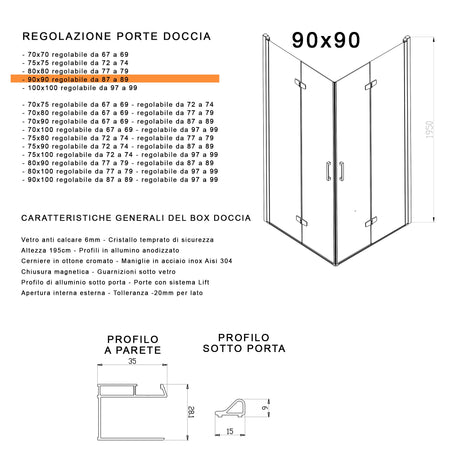 Box doccia 2 lati a soffietto trasparente senza profili 6mm h195 anticalcare REA