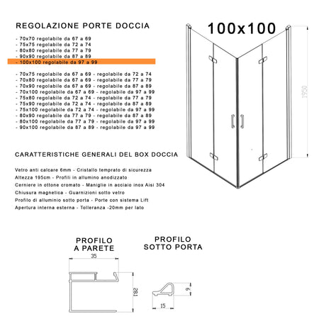 Box doccia 2 lati a soffietto trasparente senza profili 6mm h195 anticalcare REA