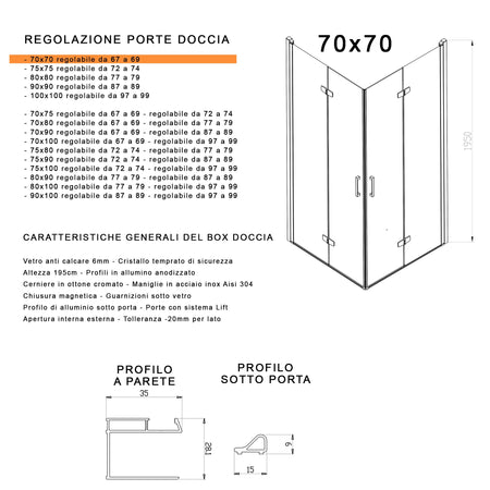 Box doccia 2 lati a soffietto trasparente senza profili 6mm h195 anticalcare REA