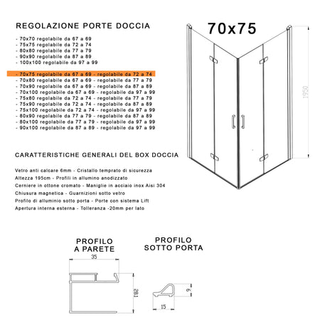 Box doccia 2 lati a soffietto trasparente senza profili 6mm h195 anticalcare REA