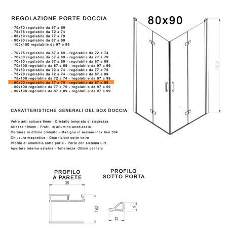 Box doccia 2 lati a soffietto trasparente senza profili 6mm h195 anticalcare REA