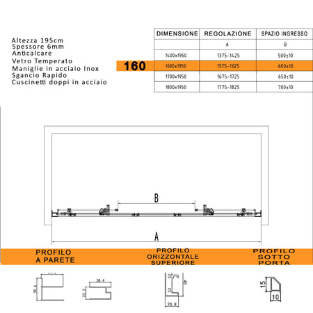 Porta doccia scorrevole ingresso centrale 6mm h195 anticalcare LAGOA