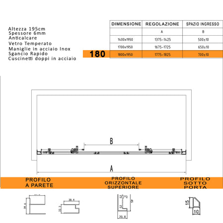 Porta doccia scorrevole ingresso centrale 6mm h195 anticalcare LAGOA