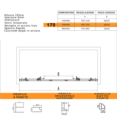 Porta doccia scorrevole ingresso centrale 6mm h195 anticalcare LAGOA