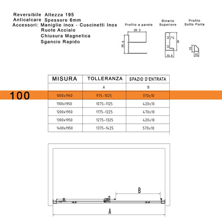 Porta doccia scorrevole nicchia cristallo 6mm h195 anticalcare LAGOA