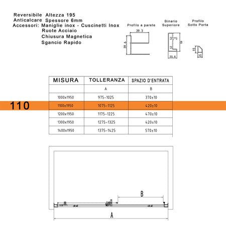 Porta doccia scorrevole nicchia cristallo 6mm h195 anticalcare LAGOA