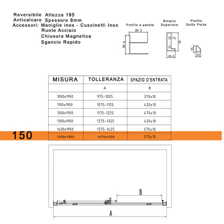Porta doccia scorrevole nicchia cristallo 6mm h195 anticalcare LAGOA