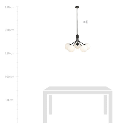 Sospensione Moderna 5 Luci Nova In Acciaio Nero E Sfere Vetro Opale