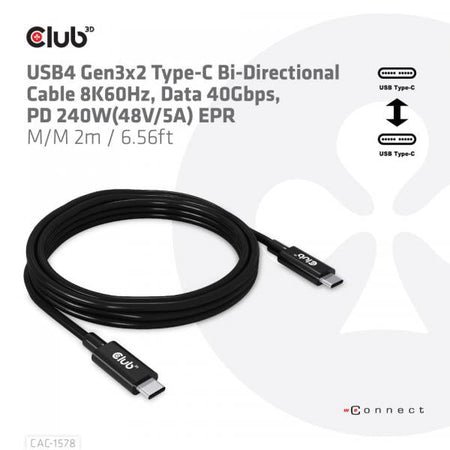 CLUB3D CAC-1578 cavo USB USB4 Gen 3x2 2 m USB C Nero (Club 3D - USB Type-C kabel - 24 pin US)