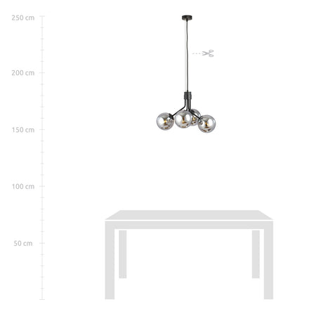 Sospensione Moderna 4 Luci Nova In Acciaio Nero E Sfere Vetro Fumè