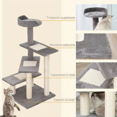 Tiragraffi Gatti H 100cm con Lettino Rotondo, Pali in Sisal, Rivestimento Peluche
