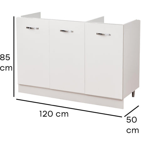 Mobile Cucina Sottolavello Componibile in Legno Colore Bianco con 3 Ante 120cm