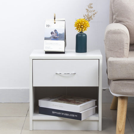 Comodino in Legno 1 Cassetto e Ripiano Inferiore Design Moderno H41cm Bianco
