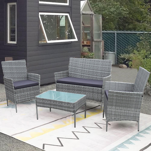 Set da Giardino 4pz in Polyrattan 2 Poltrone 1 Tavolino 1 Divano uso Esterno Grigio