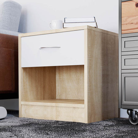 Comodino Bicolore 1 Cassetto e Ripiano Inferiore Design Moderno H41cm Bianco Quercia