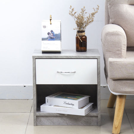 Comodino Bicolore 1 Cassetto e Ripiano Inferiore Design Moderno H41cm Bianco Cemento